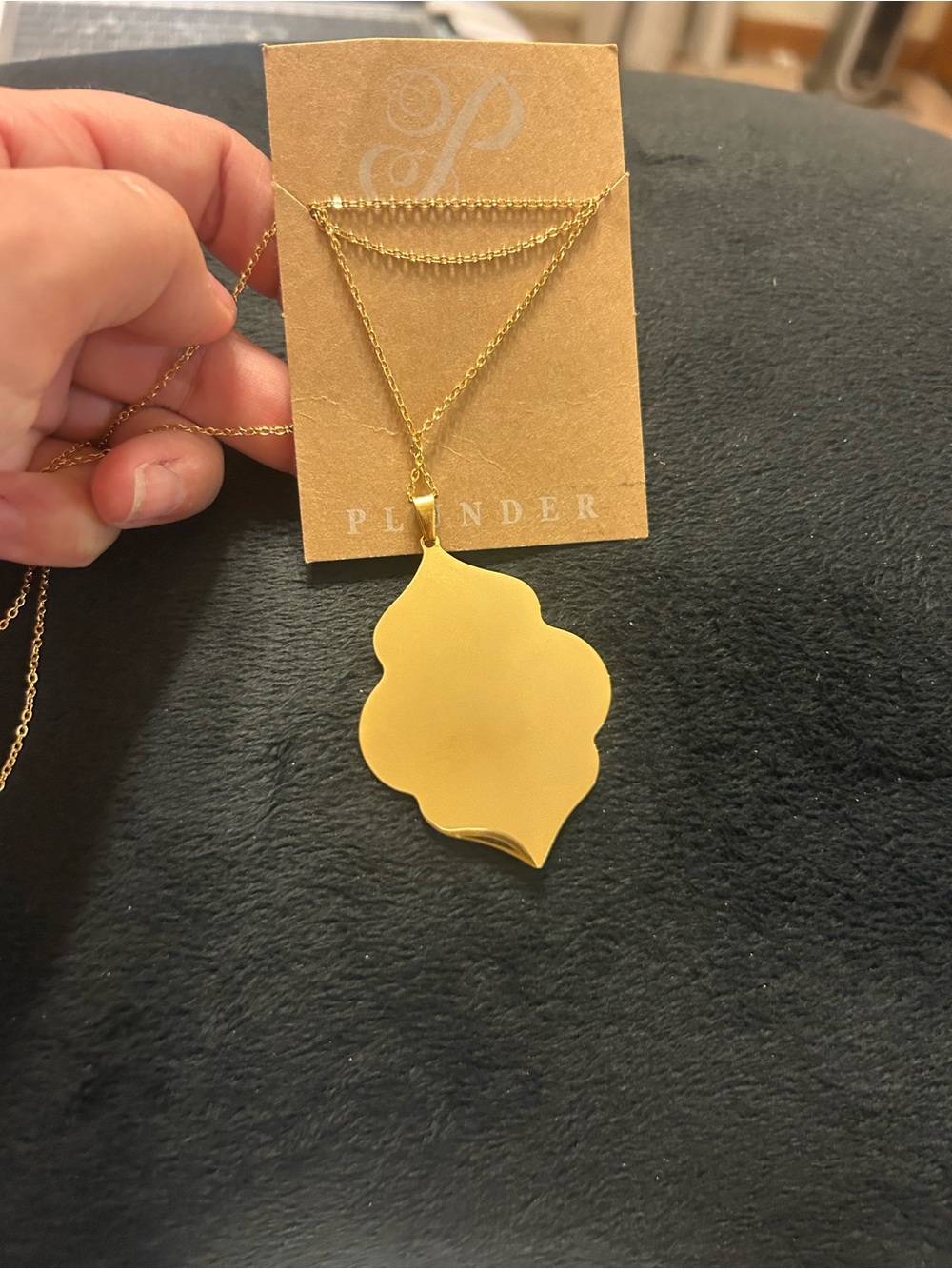 Plunder Gold Tone Quatrefoil Pendant Necklace Long Statement Necklace